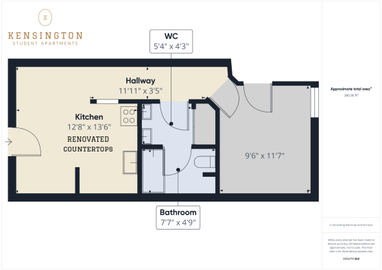 the floor plan for a two bedroom apartment at The Kensington Apartments